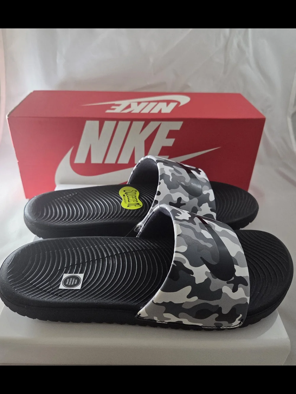 Nike Kids Black Footbed White & Gray Camo Slide Sandals